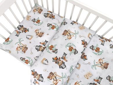 MimiNu, Piraci, pakiet wyprawkowy: 2-częściowy komplet pościeli, 90-120 cm, rożek, prześcieradło, okrycie kąpielowe, kocyk + gratis przytulanka sensoryczna, natural